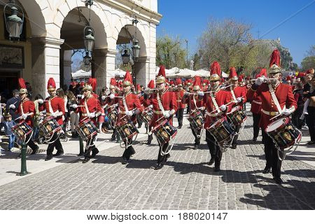 Corfu, Greece - March 25, 2017: Philharmonic Musicians In The Customary Lament Procession On The Mor