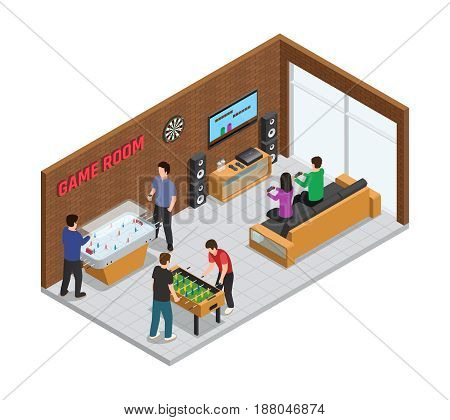 Home game club interior isometric composition cozy room for relaxation with board and video games vector illustration