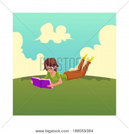 Full length portrait of girl, woman in glasses reading book while lying on grass under summer sky, cartoon vector illustration. Girl, woman in glasses lying on grass, lawn, in park, reading book