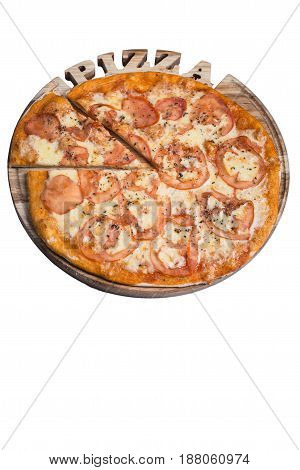 Italian pizza with tomatos. A series of different types of pizza for menus photographed from one angle.