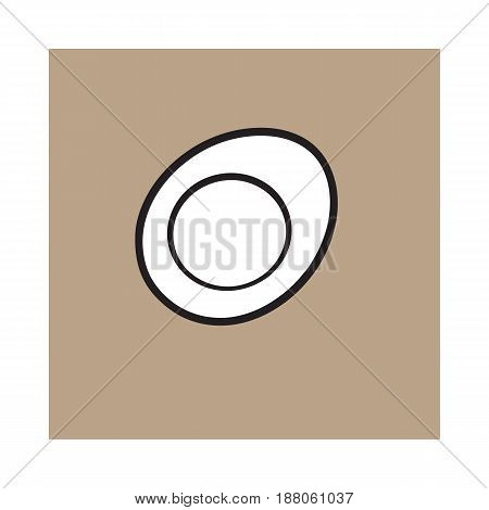 Boiled chicken egg cut in half, sketch style vector illustration isolated on brown background. Hand drawn, sketched illustration, half of hard boiled chicken egg