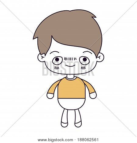 silhouette color sections and light brown hair of kawaii little boy with embarrassed facial expression vector illustration