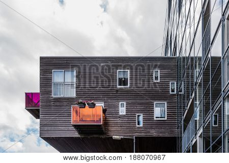 Amsterdam Netherlands - August 08 2016: WoZoCo is a project by MVRDV architects to provide 100 one-bedroom dwellings for seniors in Amsterdam. The building is known because of the extreme cantilever of some of the apartments and the variety of materials: