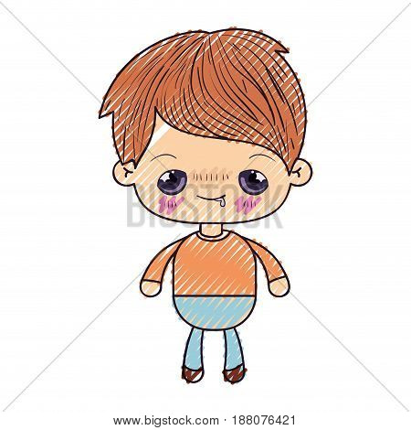 colored crayon silhouette of kawaii little boy with embarrassed facial expression vector illustration