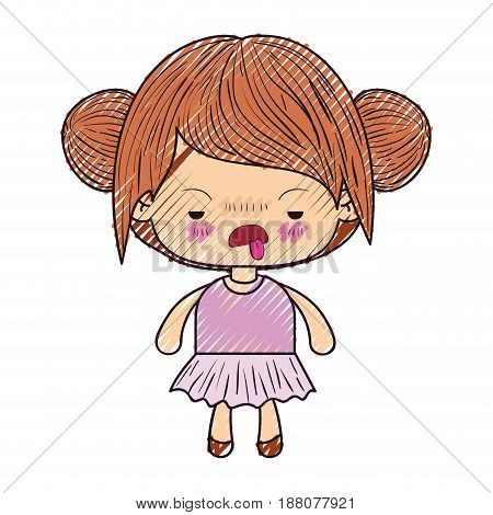 colored crayon silhouette of kawaii little girl with collected hair and facial expression unsavory vector illustration