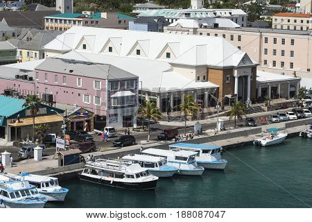 Nassau Bahamas May 16 2017: Tourist district in the city of Nassau Nassau Bahamas May 16 2017