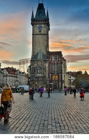 CZECH REPUBLIC, PRAGUE - OCTOBER 02, 2017: The appearance of a wonderful European city. Prague Old Town Square and Church of Mother of God before Tyn in Prague, Czech Republic. Architecture and landmark of Prague, postcard of Prague.
