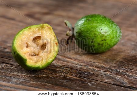Green exotic fruit feijoa, a healthy and juicy product