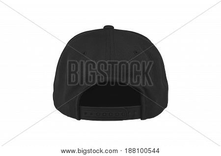 Blank flat snap back hat black back view on white background