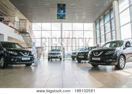 Showroom And Car Of Dealership Nissan In Kirov City In 2017