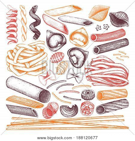 Vector collection of traditional Italian pasta. Hand drawn food sketch set. Vintage illustration for cafe or restaurant design.