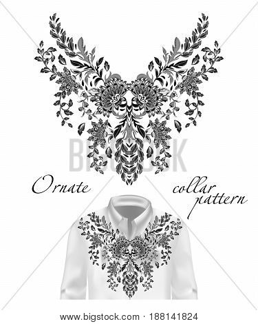 Vector embroidery ethnic flowers neck pattern. Black and white flower design graphics fashion wearing. Presented on the white shirt layout.