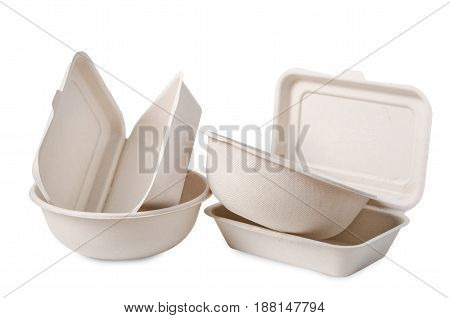 Group of product made from bagasse for container food Box bowl and cup. Isolated on white background Clipping path