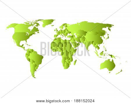 Green political map of World. Each state with own horizontal gradient. Vector illustration.