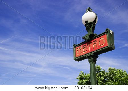 Red metro sign in Paris, France. Paris metro Subway sign. Photo stock.