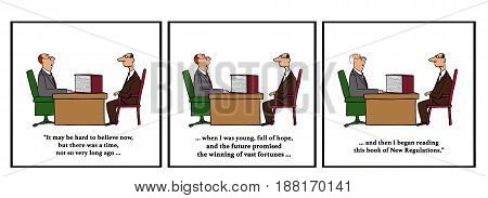 Business cartoon about a manager whose hair turns gray when the new, huge book of new regulations arrives on his desk.