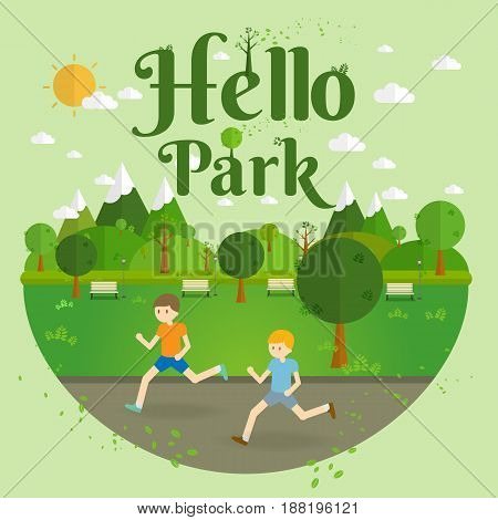 Hello Park.running. Natural landscape in the flat style. a beautiful park.Environmentally friendly natural landscape.Vector illustration