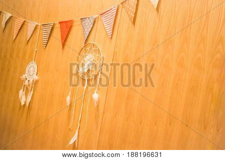 Multi colored triangle flags hanging indoor party stock photo