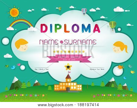 Certificate kids diploma kindergarten template layout background frame design Vector illustration. Preschool Elementary school Kids Diploma certificate background design template