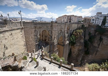 Views of the Puente Nuevo New Bridge, in Ronda village, Malaga, Andalusia, Spain. The bridge was started in 1751 and took 42 years to build
