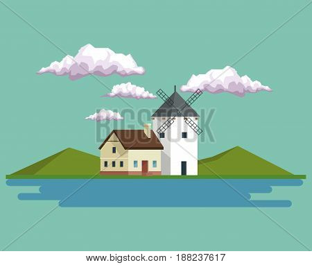 daytime background landscape of mountains and house with windmill and lake vector illustration