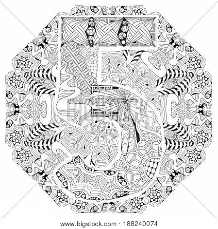 Hand-painted art design. Adult anti-stress coloring page. Black and white hand drawn illustration mandala with numero five for coloring book