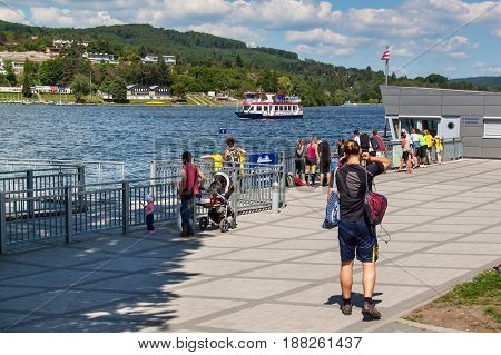 BRNO CZECH REPUBLIC -27 MAY 2017: Cruise ship at Brno dam. Vacation spot of inhabitants of Brno. Shipping at the dam was commenced in 1945