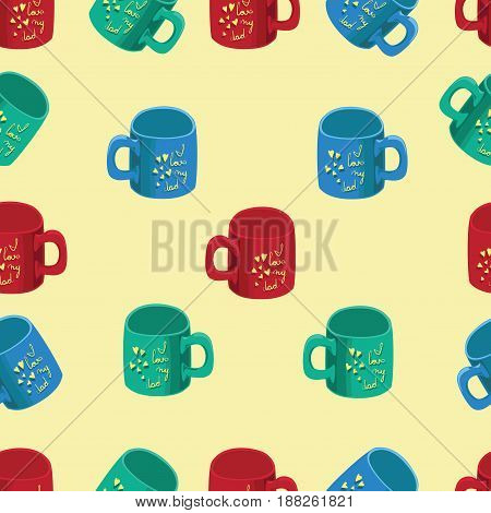 Colored cups with slogans and yellow hearts. Father's Day. Seamless pattern. Design for textiles, wrapping paper, decoration of gifts.