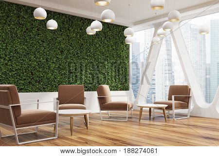 Side view of an office cafe interior with a large grass wall panoramic windows with triangular frames white round tables and soft brown chairs near them. 3d rendering mock up