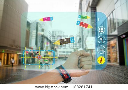 iot internet of thingsconcept man use smart watch with augmented reality technology to show how farratio of voteand how many people like by applicationwhile travel