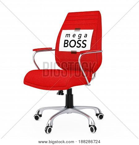 Paper Sheet with Mega Boss Message over Black Leather Boss Office Chair on a white backgroundl. 3d Rendering.