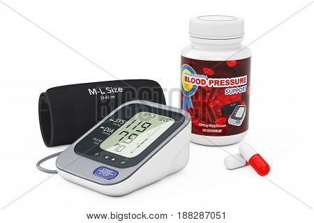 Plastic Bottle with Blood Pressure Support Pills and Digital Blood Pressure Monitor with Cuff on a white background. 3d Rendering.