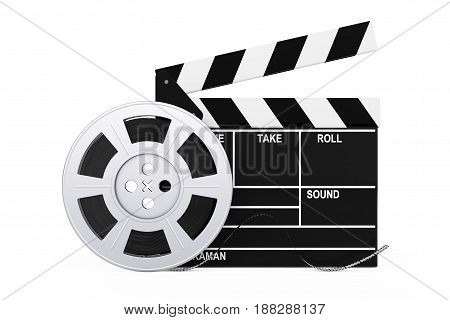 Film Reel with Cinema Tape near Clapboard on a white background. 3d Rendering.