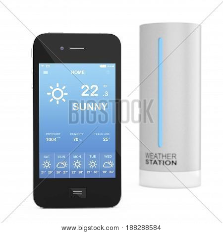 Modern Digital Wireless Home Weather Station with Mobile Phone with Weather on Screen on a white background. 3d Rendering.