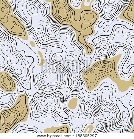 Seamless pattern. Fictional topo contour map design. Vector. Geography concept. Abstract wavy graphic backdrop. Cartography and topology. Line topographic contour map background. Sepia and gray.