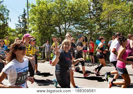 BRNO CZECH REPUBLIC -27 MAY 2017: Charitable run "RunTour-Brno" in the dam area. Run to support the Foundation for the Blind. Blind runners with guides take part in the race