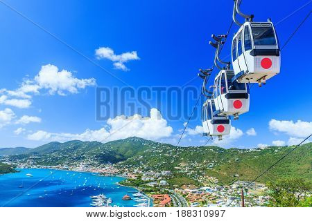 Caribbean St. Thomas USVI. Cable car at Heavensight in Charlotte Amelie.