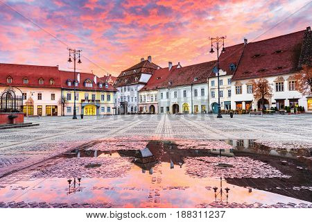 Sibiu Romania. Large Square (Piata Mare) at sunrise. Transylvanian medieval city.