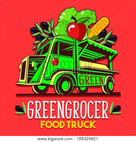 Food truck logotype for organic fruit vegetable seller greengrocer stand delivery service or summer food festival. Truck van with fruit and vegetable advertise ads vector logo
