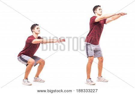 Sit Squats. Young Man Doing Sport Exercise.