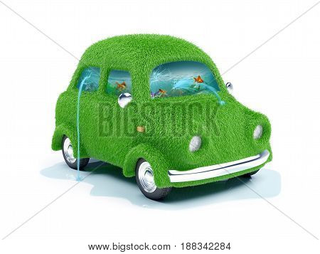 Green grassy eco car with aquarium inside. 3d illustration