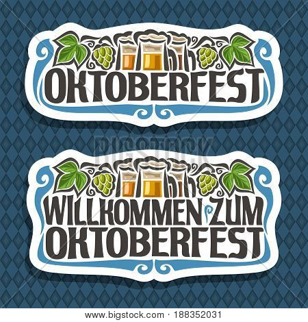 Vector logo for Oktoberfest on blue diamond background: beer in 3 glass mugs, lettering title - oktoberfest, green leaf hops, text - willkommen zum, oktoberfest label on repeat rhombus texture pattern