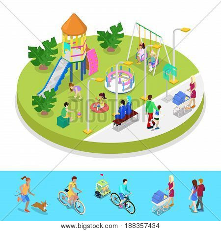 Isometric City Park Composition with Children Playground and Walking People. Outdoor Activity. Vector flat 3d illustration
