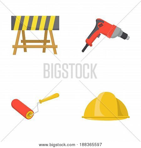 A barrier on the construction site, an electric drill, a roller for painting and a helmet. Build and repair set collection icons in cartoon style vector symbol stock illustration .