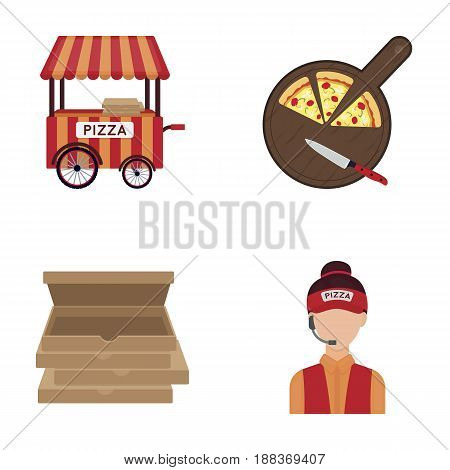 Mobile trailer, cutting board for pizza, boxes, salesman. Pizza and pizzeria set collection icons in cartoon style vector symbol stock illustration .