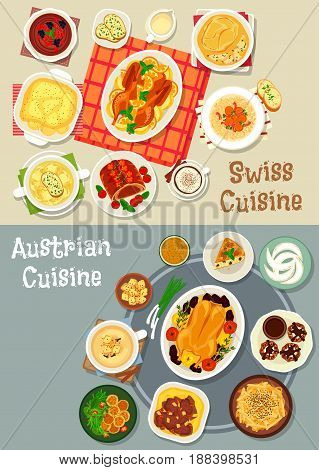 Austrian and swiss cuisine dishes icon set. Baked meat with fruit and cream sauce, beef vegetable stew, soup with cheese and beer, potato noodle and dumpling, chocolate cake and mousse, almond cookie