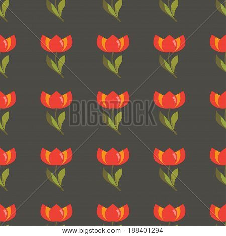 Floral seamless pattern with red tulips on a dark background