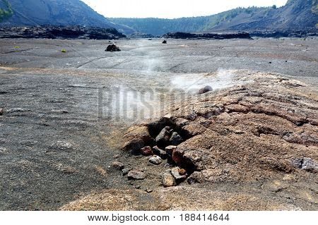 Steaming Vents On The Kilauea Iki Volcano Crater Surface With Crumbling Lava Rocks In Volcanoes Nati