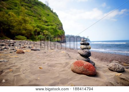 Stack Of Stones Balanced On Rocky Beach Of Pololu Valley, Big Island, Hawaii