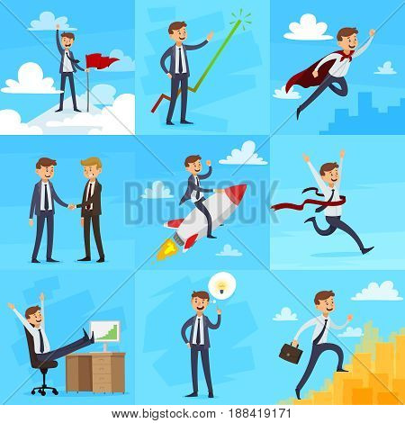 Career growth set of icons with targets partnership superman winner successful work creativity climbing isolated vector illustration